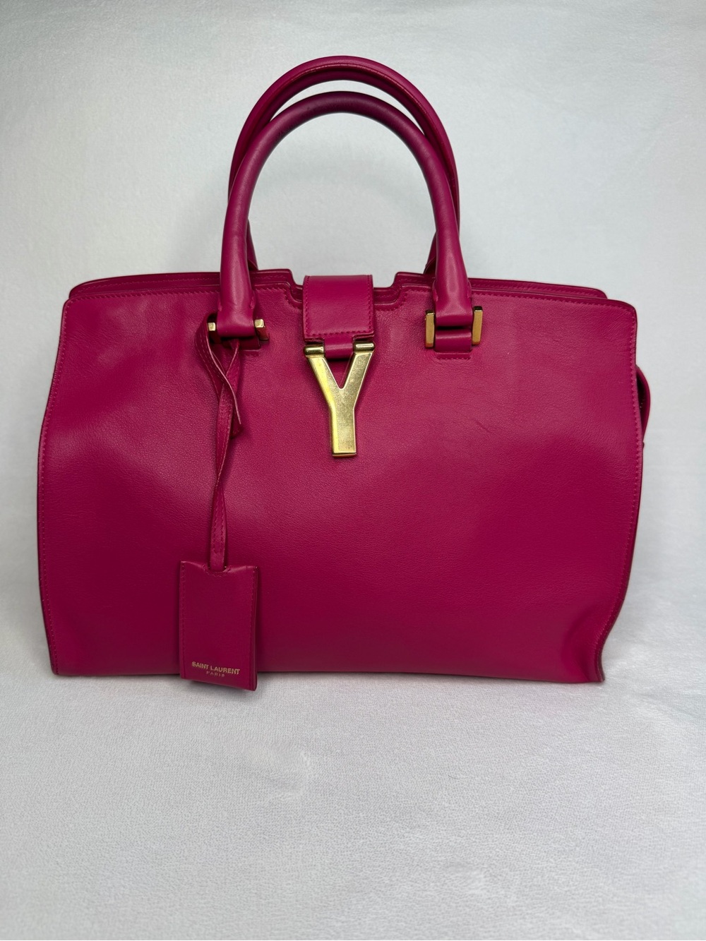 Saint Laurent Y Cabas Hot Pink Leather Satchel with Gold Y Hardware